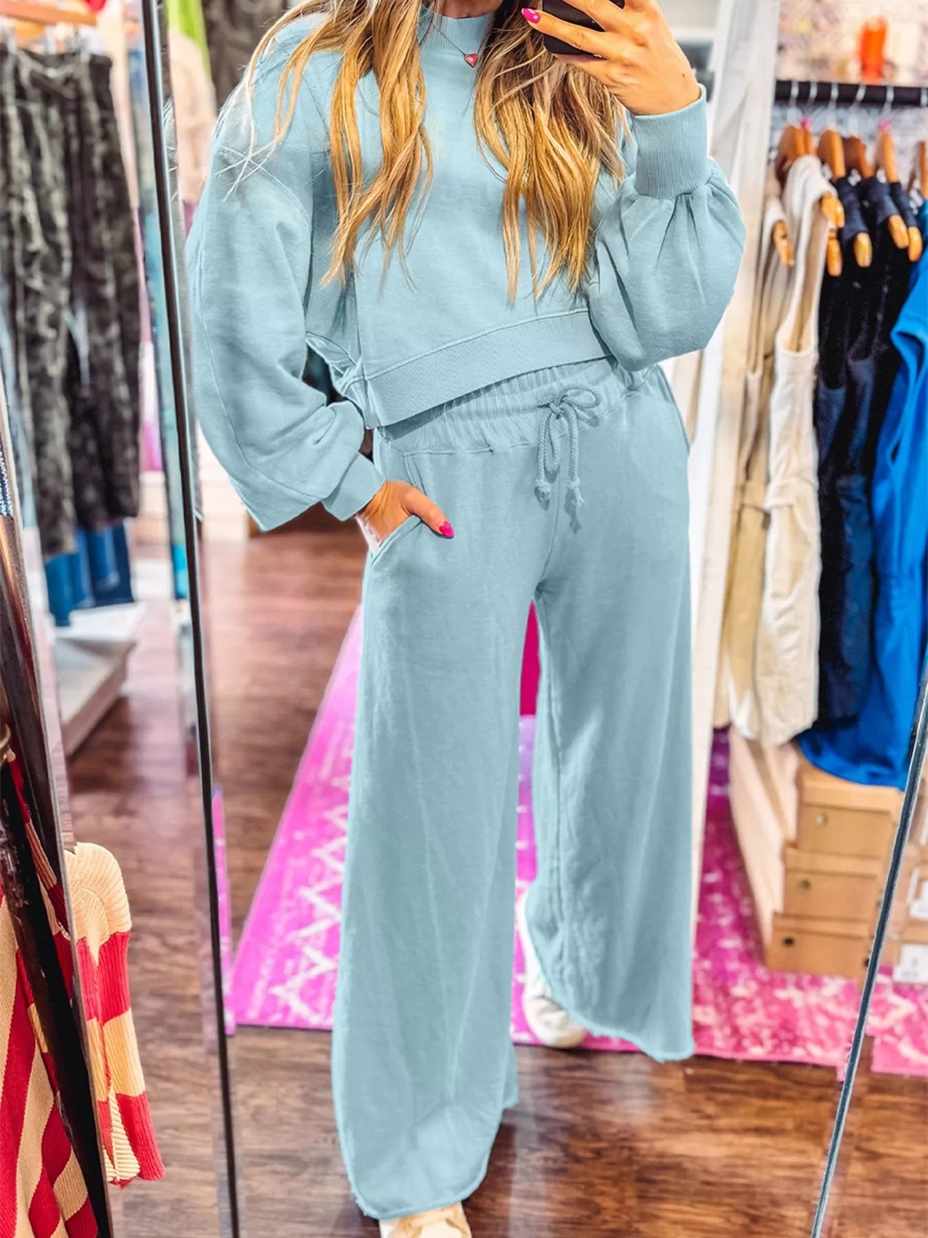 Drop Shoulder Puff Sleeve Crop Top and Drawstring Wide Leg Pants Set | Loungewear Sets Daverri Fashions