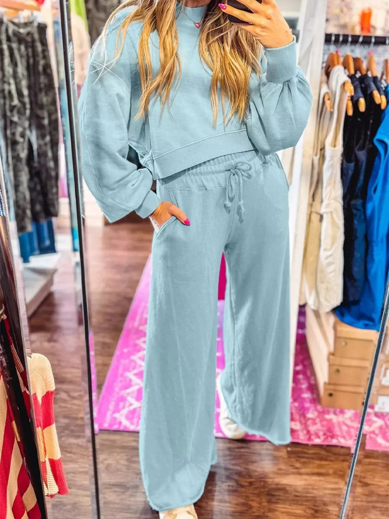 Drop Shoulder Puff Sleeve Crop Top and Drawstring Wide Leg Pants Set - DAVERRI FASHIONS