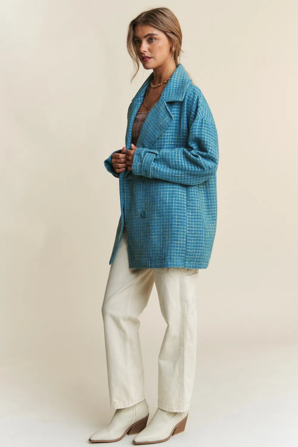 J.NNA Tweed Double-Breasted Long Sleeve Coat | Coats Daverri Fashions