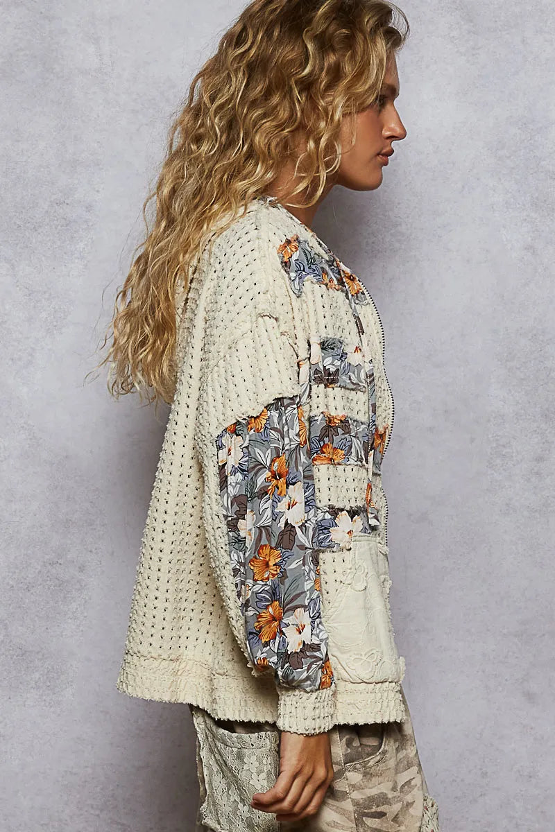 POL Zip Up Floral and Lace Patch Washed Hoodie Hoodies
