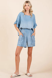 Mittoshop Washed Chambray Elastic Waist Easy Fit Shorts | Shorts Daverri Fashions