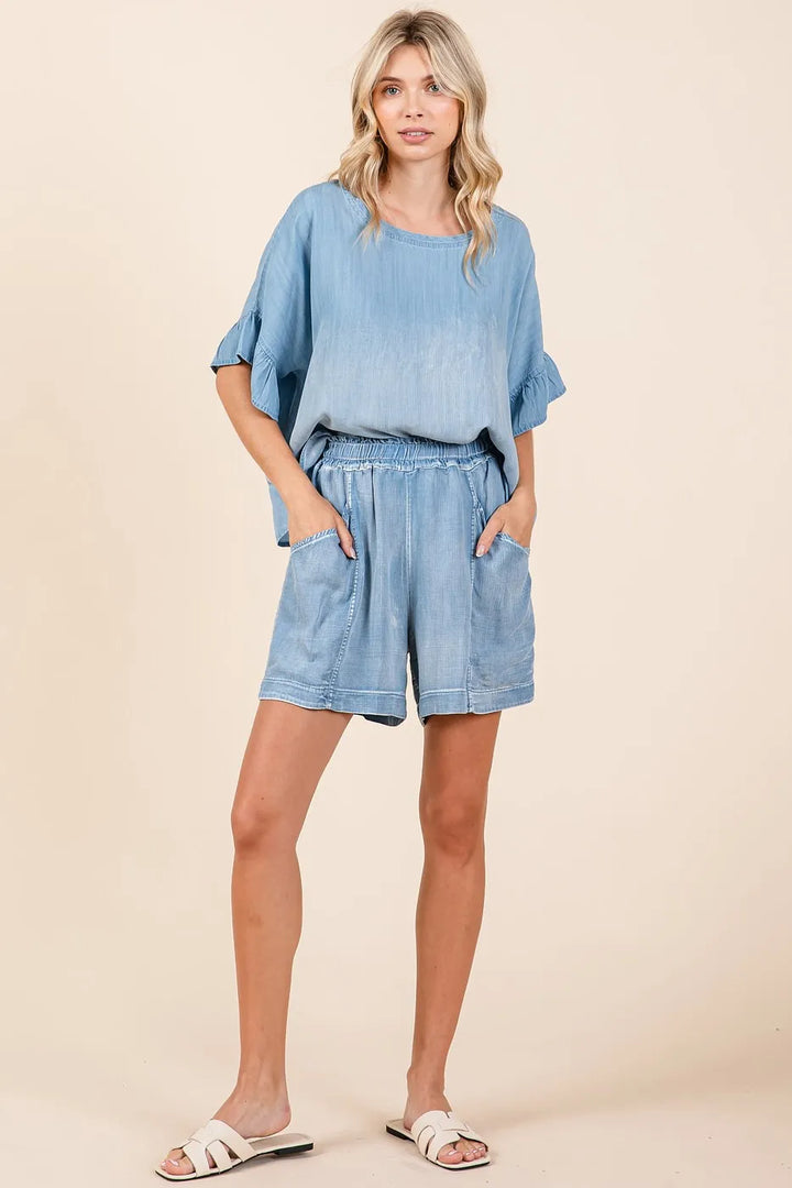Mittoshop Washed Chambray Elastic Waist Easy Fit Shorts Shorts