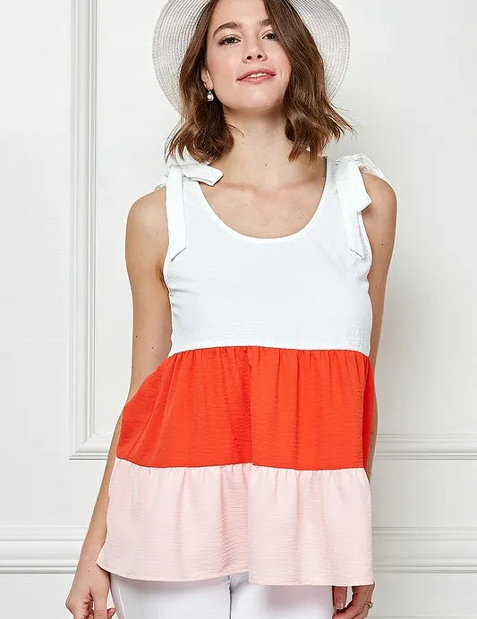 CORAL COMBO Lime 'N' Chili Color Block Sleeveless Tie Shoulder Babydoll Top | Tops Daverri Fashions