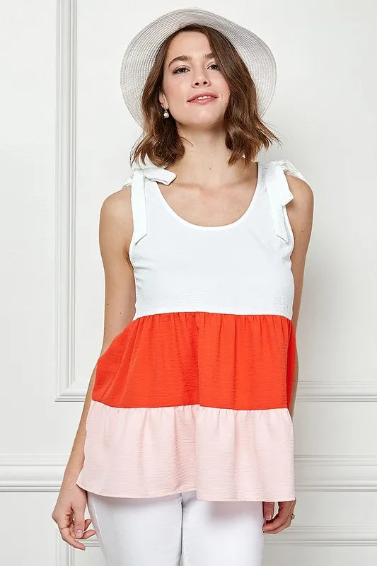 CORAL COMBO Lime 'N' Chili Color Block Sleeveless Tie Shoulder Babydoll Top | Tops Daverri Fashions