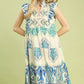 Umgee Boho Border Print Ruffle Midi Dress in cream floral