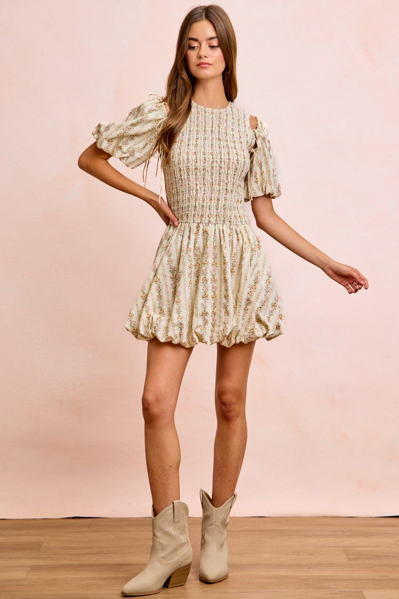 BiBi Floral Bow Tie Attachable Puff Sleeves Dress, cream mini with embroidery