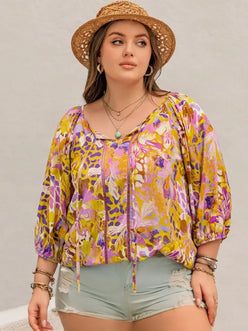 Plus Size Printed Tie Neck Blouse - DAVERRI FASHIONS