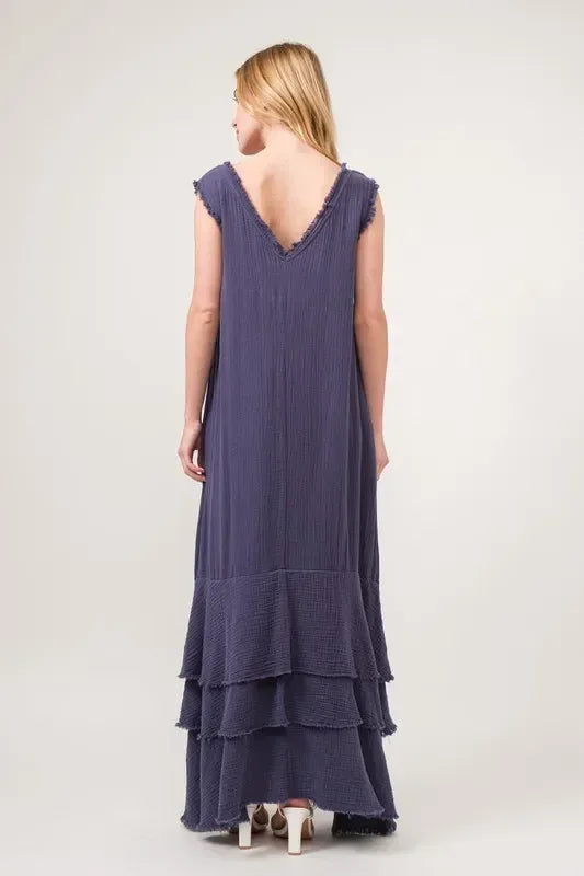 And The Why Washed Cotton Gauze Fringe Detail Tiered Dress - DAVERRI FASHIONS