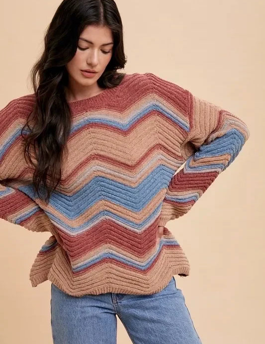 Annie Wear multicolored zigzag round neck sweater with oversized sleeves