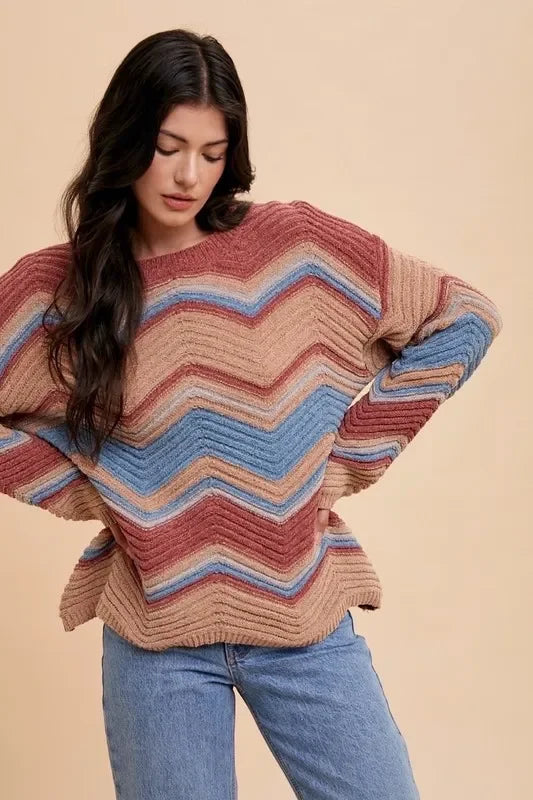 Annie Wear multicolored zigzag round neck sweater with oversized sleeves