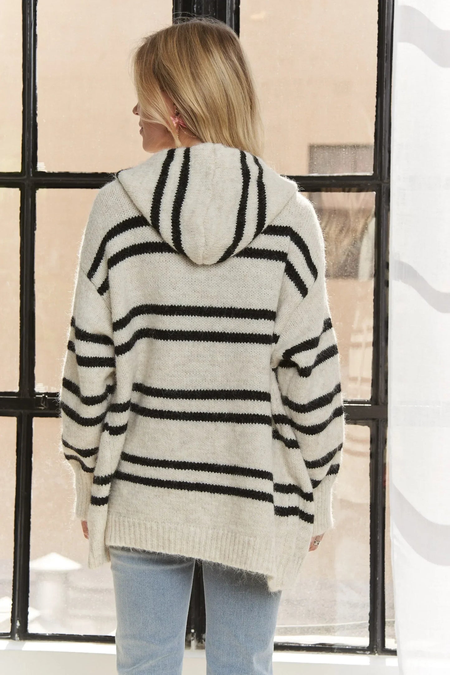 ADORA Horizontal Stripes Hoodie Cardigan - DAVERRI FASHIONS