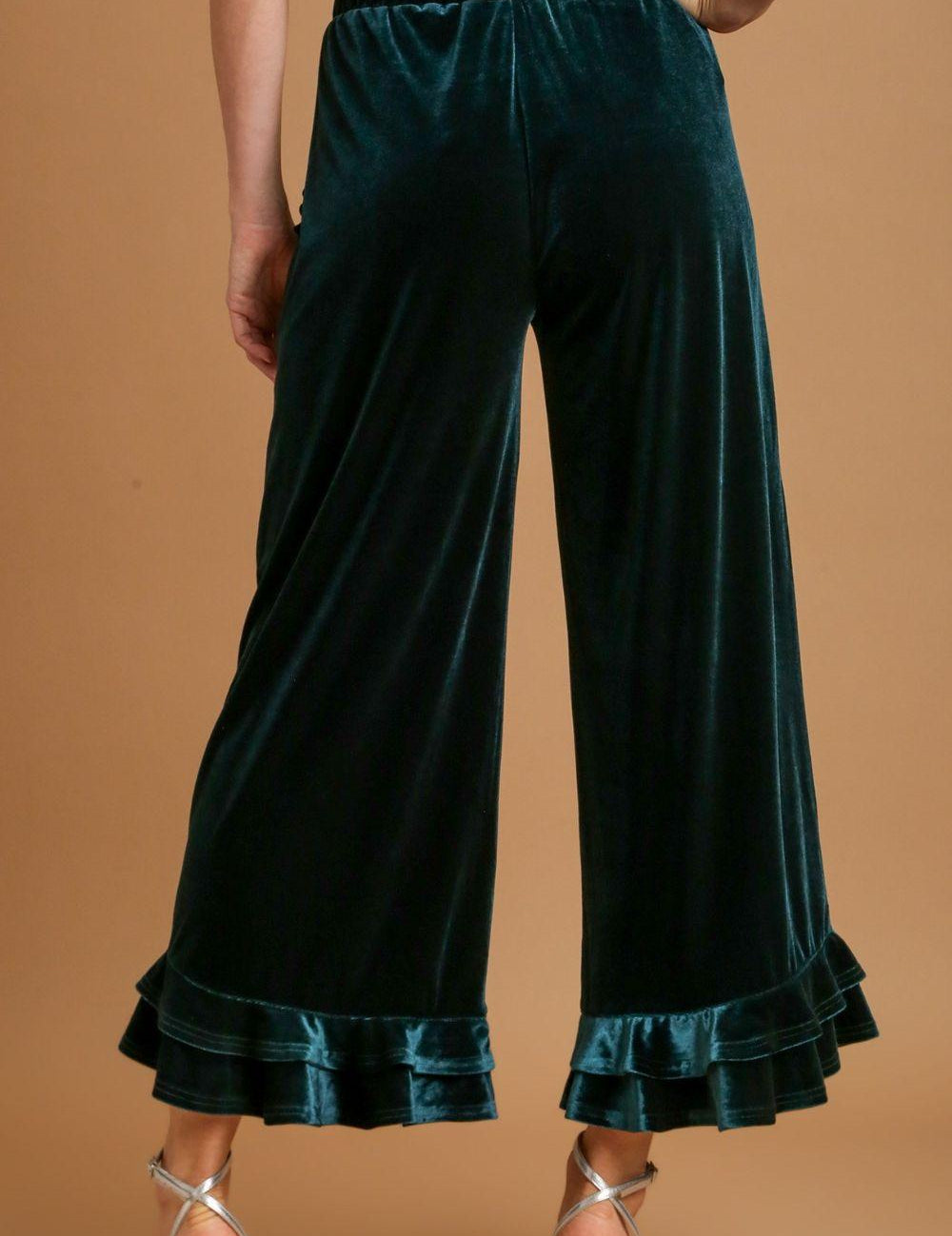 Umgee Full Size Wide Fit Ruffle Velvet Pants with Embroidered Pockets | Pants Daverri Fashions