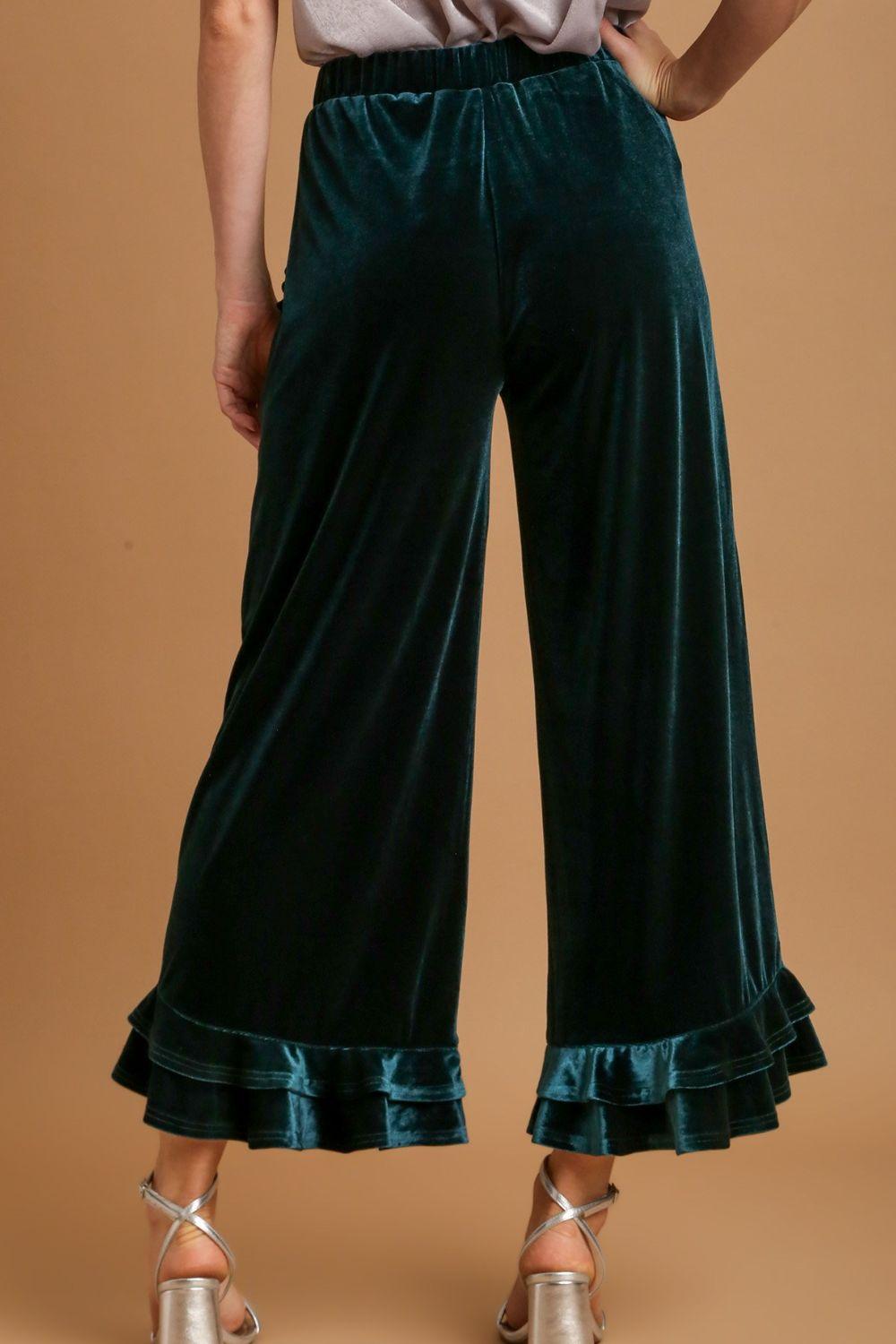 Umgee Full Size Wide Fit Ruffle Velvet Pants with Embroidered Pockets Pants