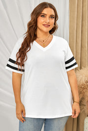 White Plus Size Striped V-Neck Tee Shirt | T-Shirts Daverri Fashions