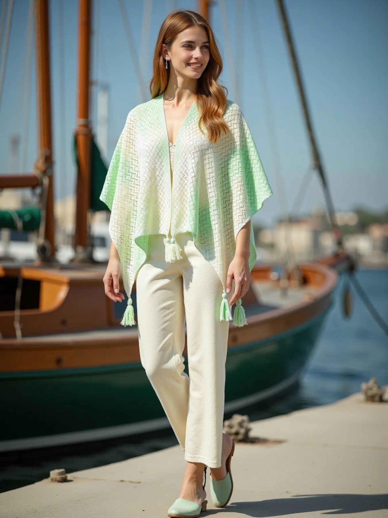 Delicate mint green lace poncho with tassel details by Daverri