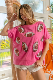 BiBi Game Day Sequins Patched Half Sleeves Top | Tops Daverri Fashions