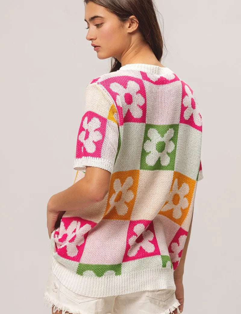 BiBi Flower Checker Pattern Lightweight Sweater Top | Sweaters Daverri Fashions