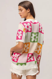 BiBi Flower Checker Pattern Lightweight Sweater Top | Sweaters Daverri Fashions