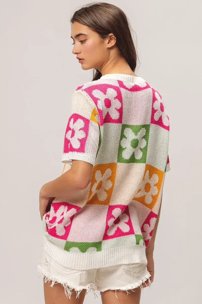 BiBi Flower Checker Pattern Lightweight Sweater Top - DAVERRI FASHIONS