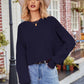 Navy blue cropped round neck drop shoulder long sleeve sweater