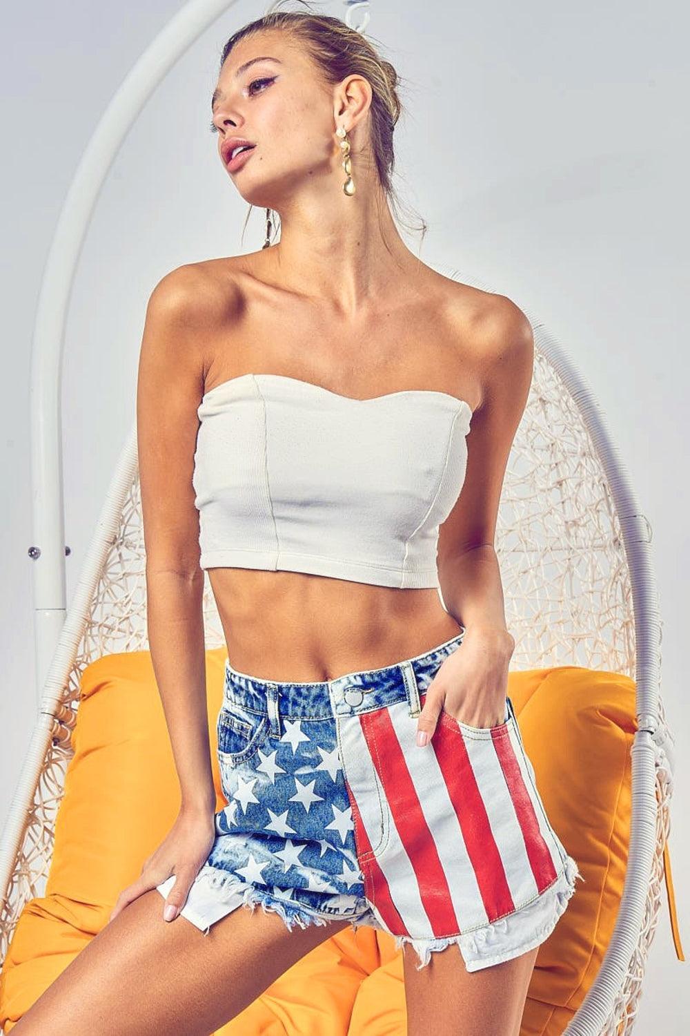 BiBi US Flag Theme Bleached Denim Shorts Bottoms