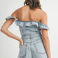 MABLE Off Shoulder Ruffle Detail Denim Romper Rompers