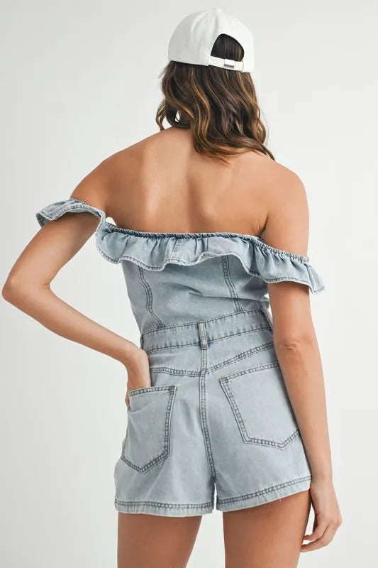 MABLE Off Shoulder Ruffle Detail Denim Romper Rompers