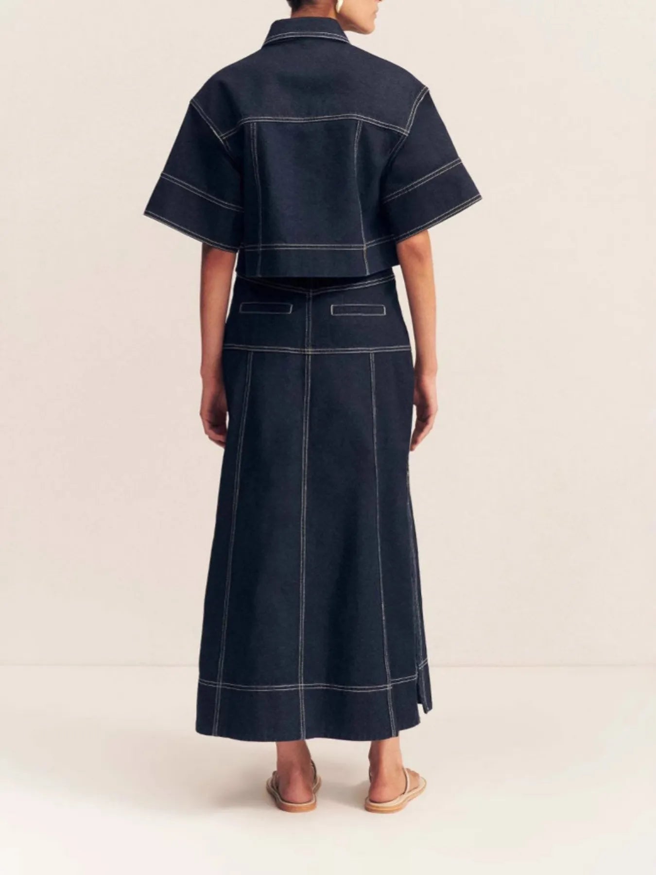 High-Waist Side Slit Contrast Stitch Denim Maxi Skirt | Skirts Daverri Fashions