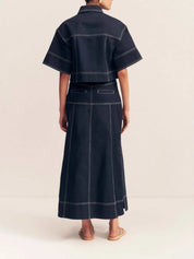 High-Waist Side Slit Contrast Stitch Denim Maxi Skirt | Skirts Daverri Fashions