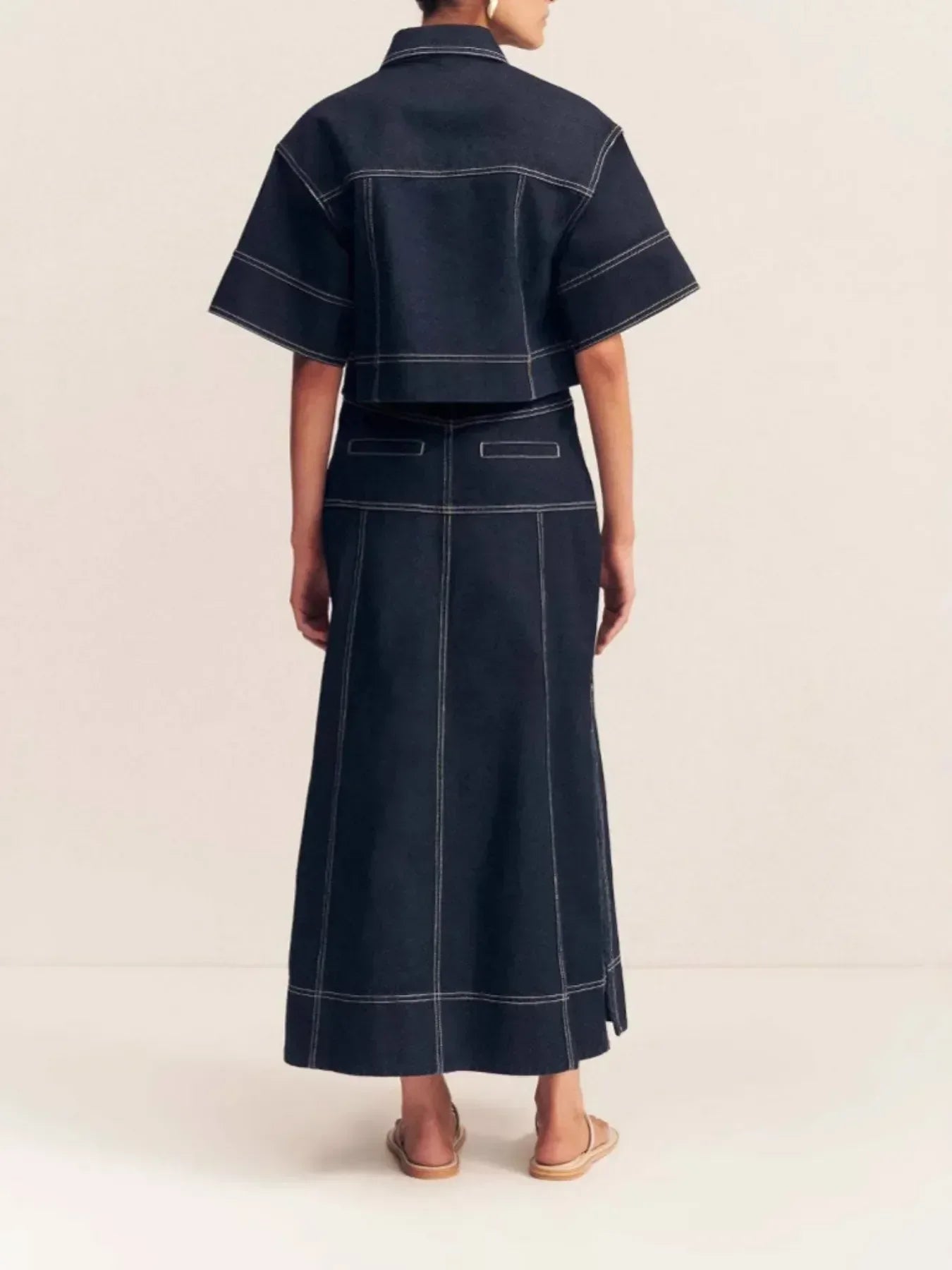 High-Waist Side Slit Contrast Stitch Denim Maxi Skirt - DAVERRI FASHIONS