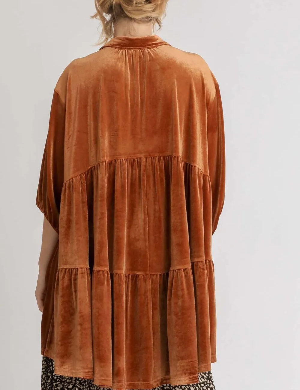Umgee Full Size Button Down Tiered Back High Low Shirt | Daverri Fashions
