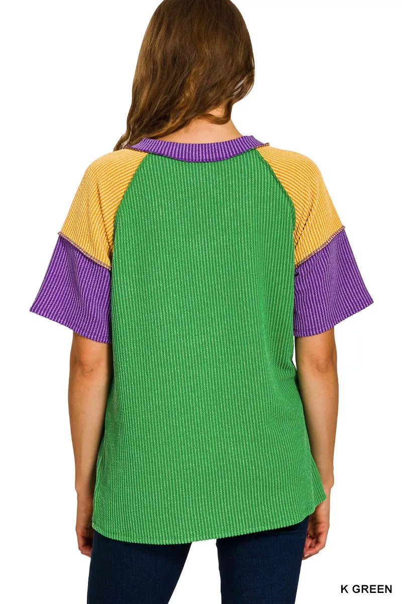 Green ribbed knit Zenana Mardi Gras color block top with striped raglan sleeves