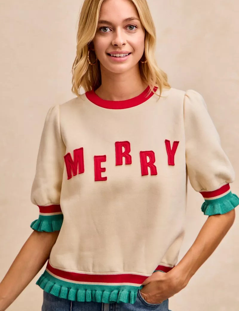 Cream Merry Sweatshirt with Red Green Ruffled Trim