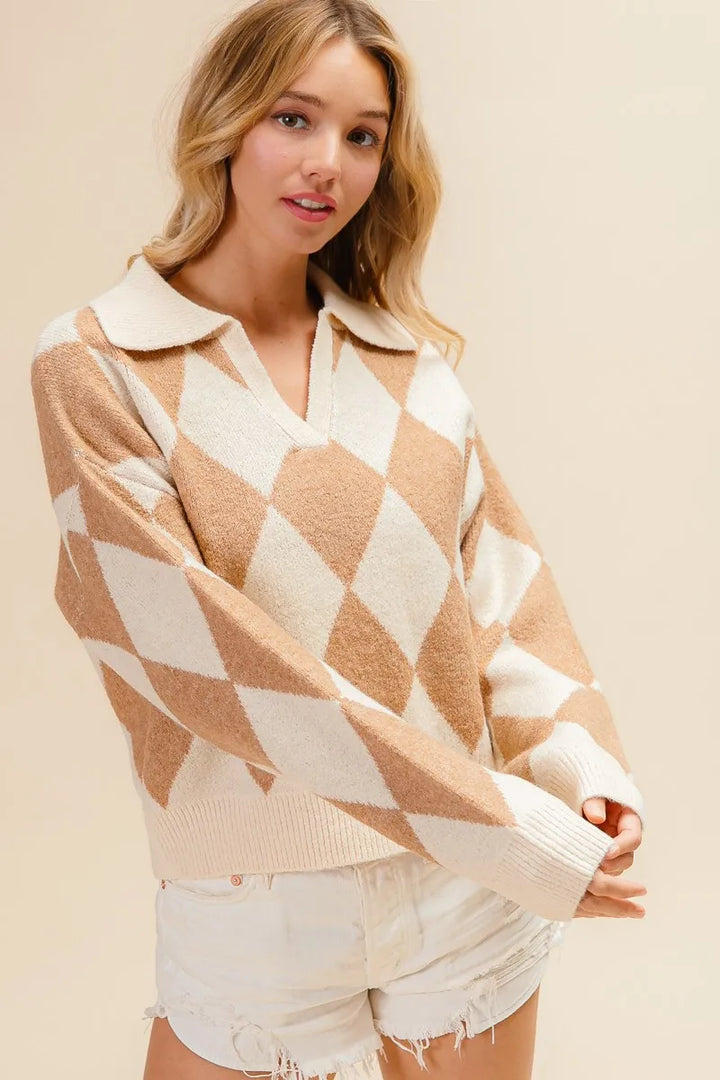 BiBi Diamond Pattern Collared Notch Neck Sweater Sweaters