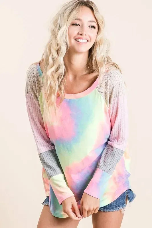 BiBi Tie Dye Terry Top with Color Block Pointelle Knit - DAVERRI FASHIONS