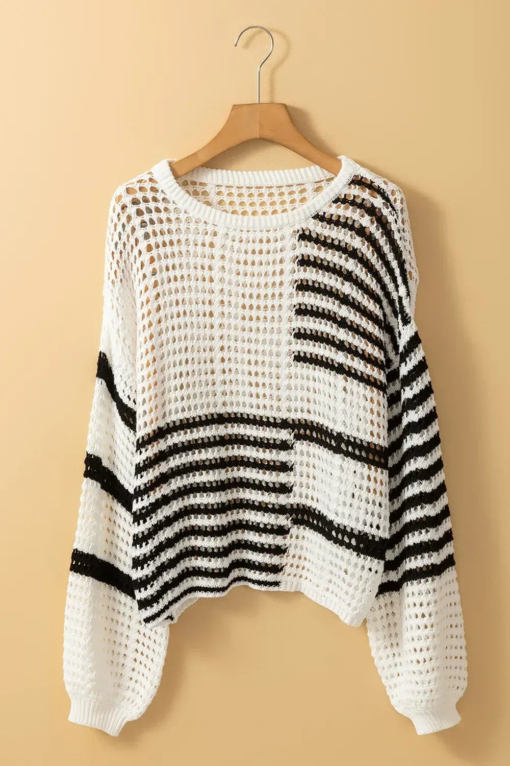 Contrast Striped Crochet Long Sleeve Knit Cover Up - DAVERRI FASHIONS