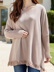 Raw Hem V-Neck Sweater | Sweaters Daverri Fashions