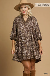 Umgee Full Size Leopard Print Mini Dress with Contrast Trim Plus Size | Mini Dresses Daverri Fashions