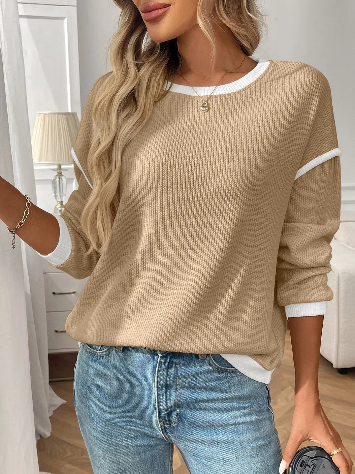 Ribbed Contrast Trim Long Sleeve Top | Knit Tops Daverri Fashions