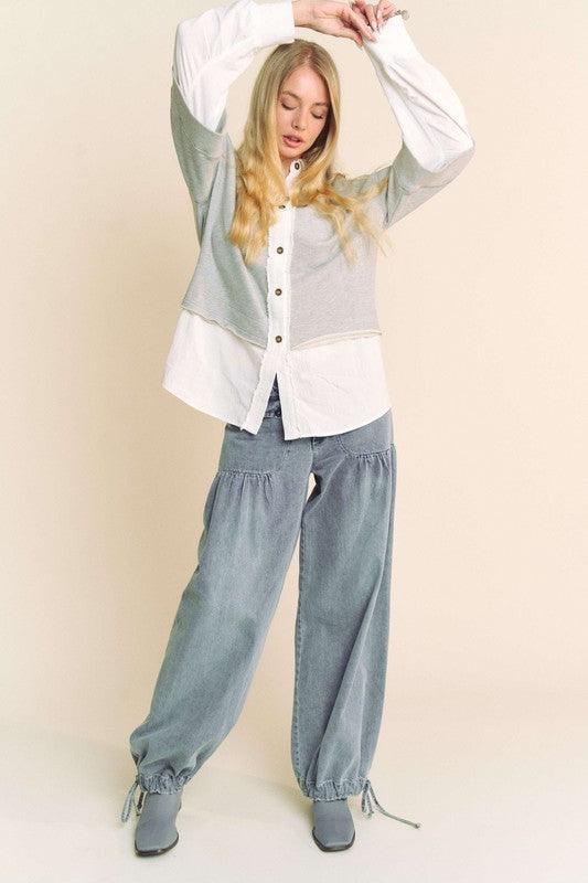 Davi & Dani Faux Layered French Terry Contrast Top - DAVERRI FASHIONS