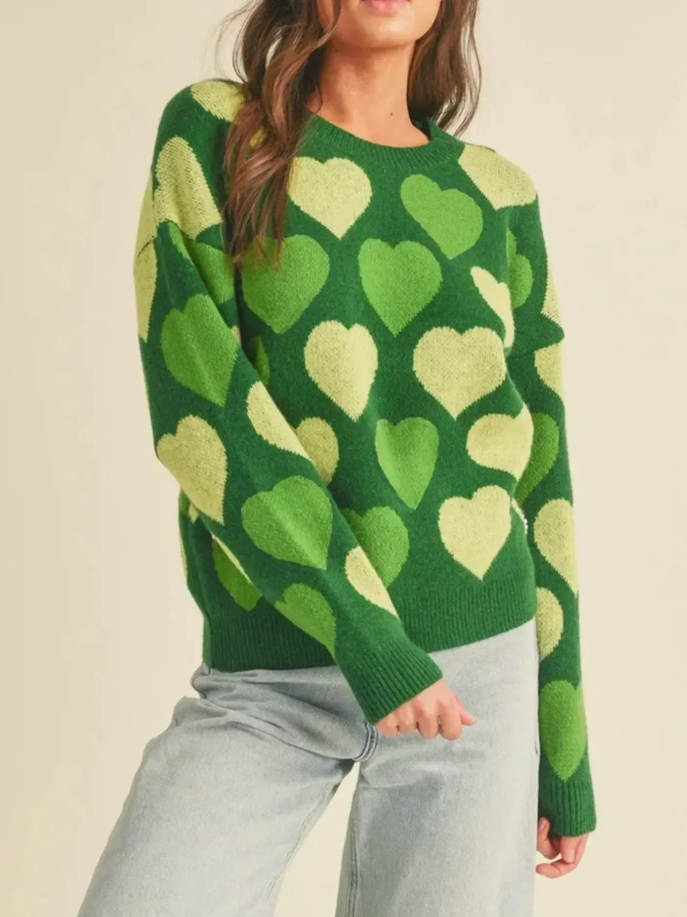 Heart Ribbed Hem Long Sleeve Sweater - DAVERRI FASHIONS