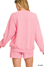 Zenana Slub Long Sleeve Top and Shorts Set | Loungewear Sets Daverri Fashions