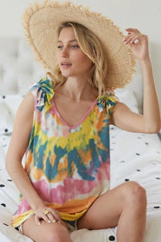 BiBi Circular Tie Dye Knit V Neck Top With Ruffle | Tops Daverri Fashions