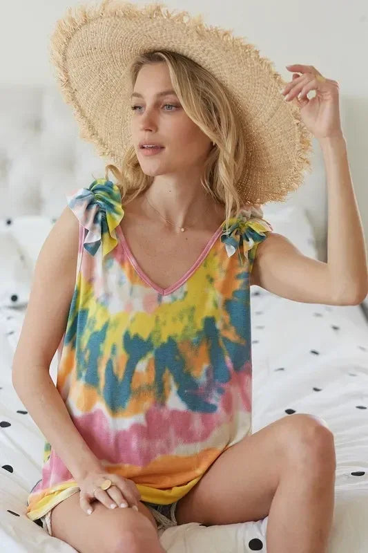 BiBi Circular Tie Dye Knit V Neck Top With Ruffle - DAVERRI FASHIONS