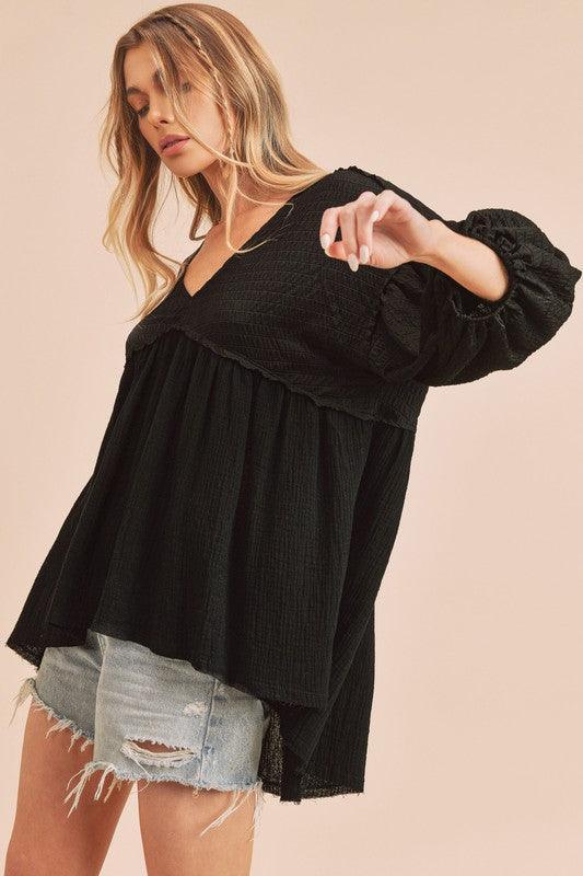 Aemi + Co High-Low Frayed Hem V-Neck Blouse - DAVERRI FASHIONS