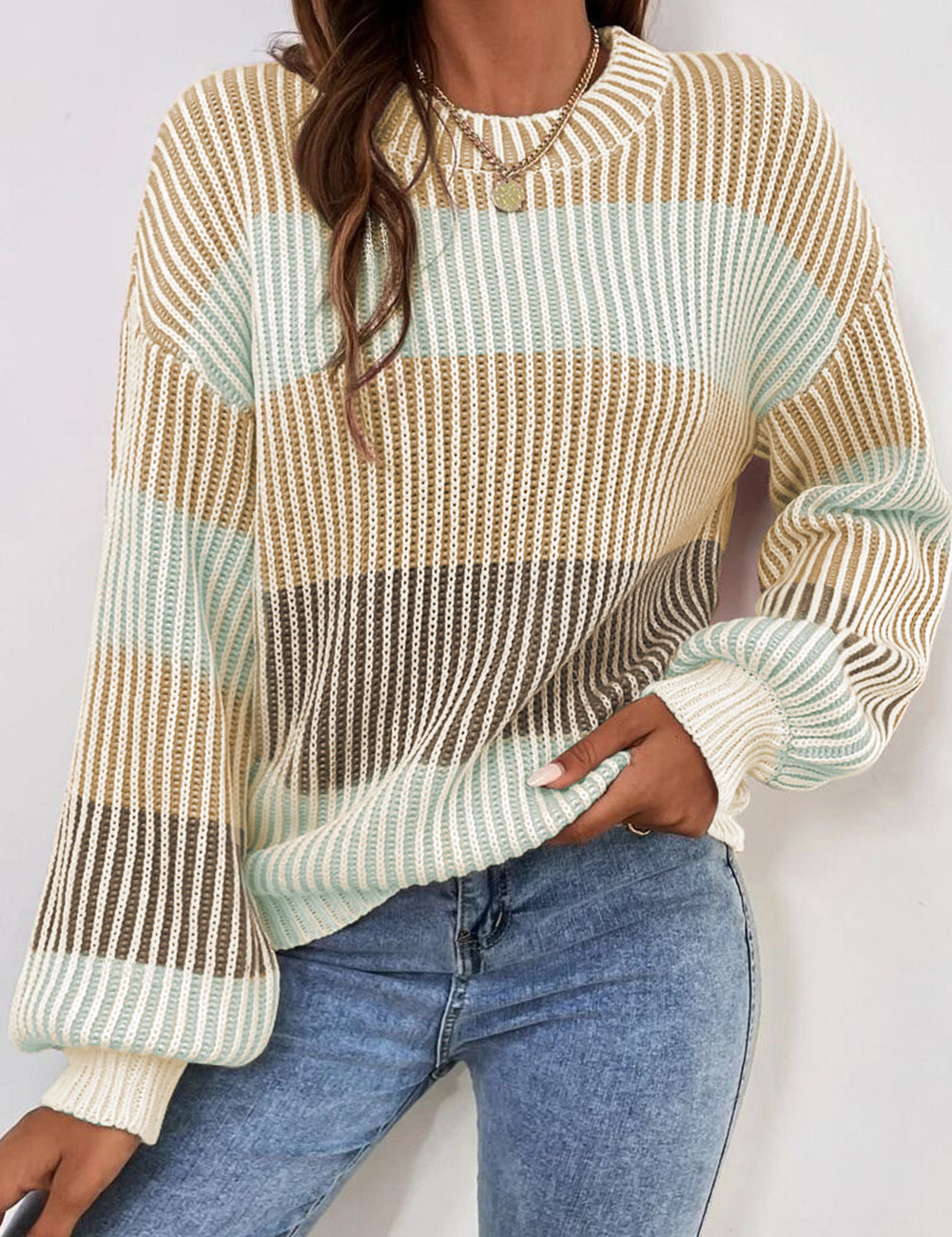 Brown 60%Cotton+40%Acrylic Colorblock Textured Knit Bubble Sleeve Sweater | Sweaters Daverri Fashions