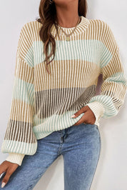 Brown 60%Cotton+40%Acrylic Colorblock Textured Knit Bubble Sleeve Sweater | Sweaters Daverri Fashions