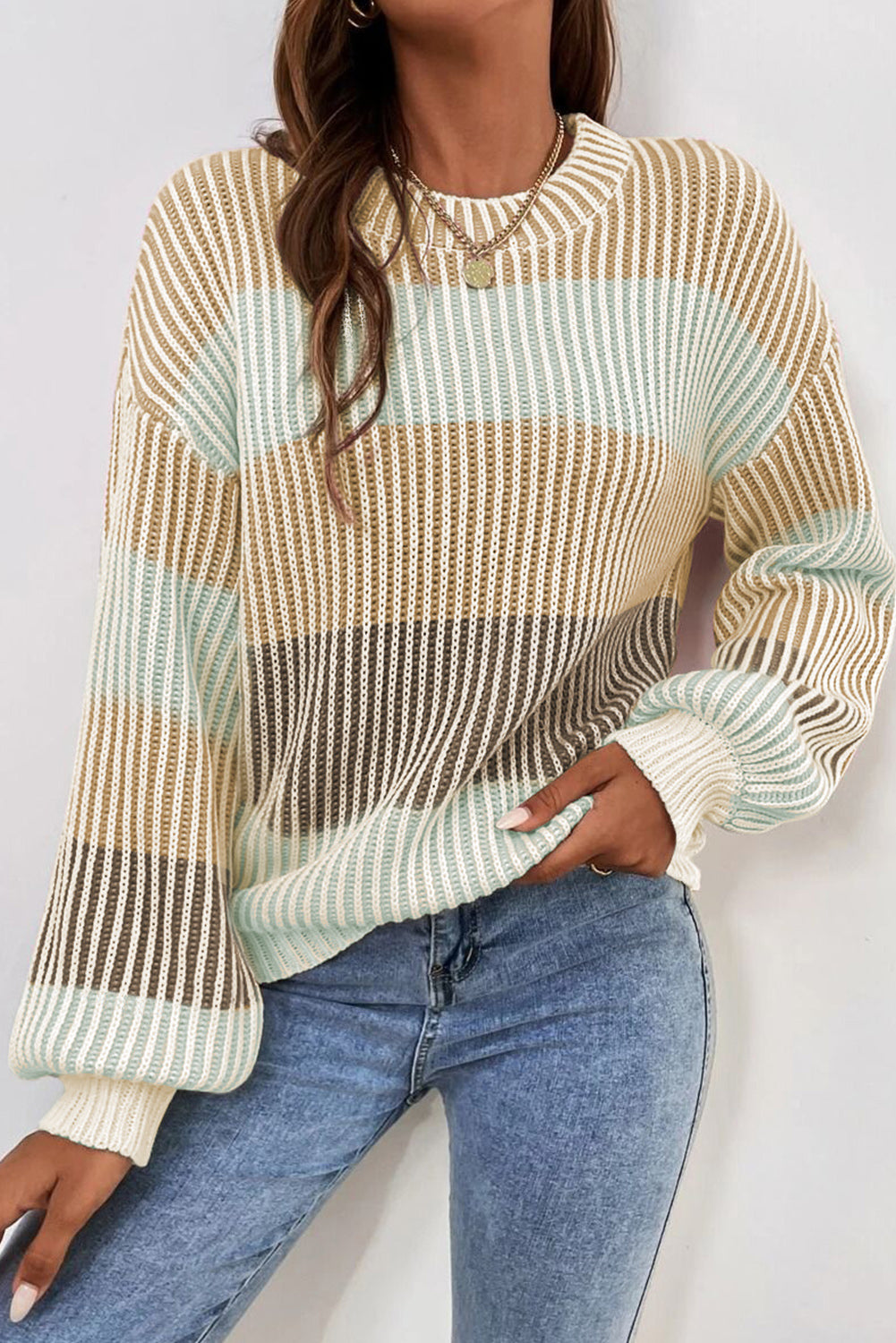 Brown 60%Cotton+40%Acrylic Colorblock Textured Knit Bubble Sleeve Sweater | Sweaters Daverri Fashions