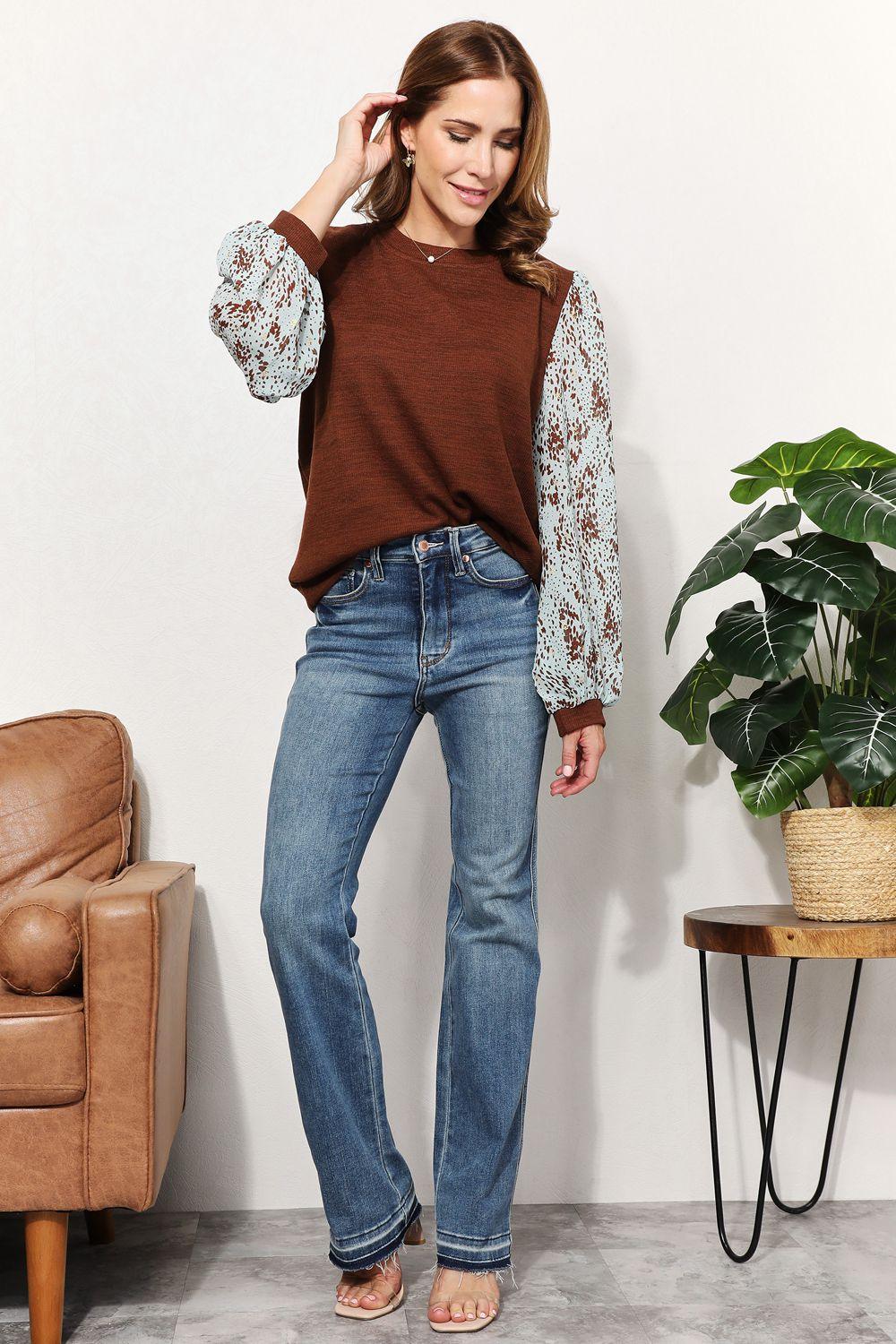 And The Why Full Size Foil Printed Sleeve Top | Tops Daverri Fashions
