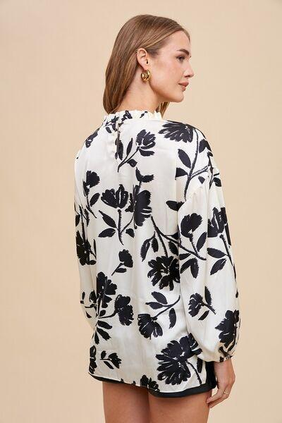 Annie Wear Frill Printed Balloon Sleeve Blouse - DAVERRI FASHIONS